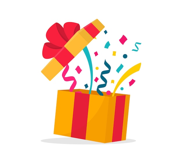 Caja de regalo sorpresa abierta con confeti Caja de regalo con lazo de cinta roja