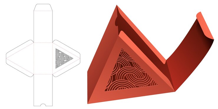 Vector caja de regalo triangular con plantilla troquelada curva estarcida y maqueta 3d