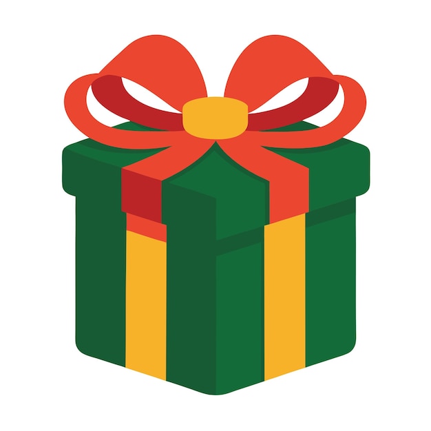 una caja de regalo verde y amarilla con una cinta roja a su alrededor