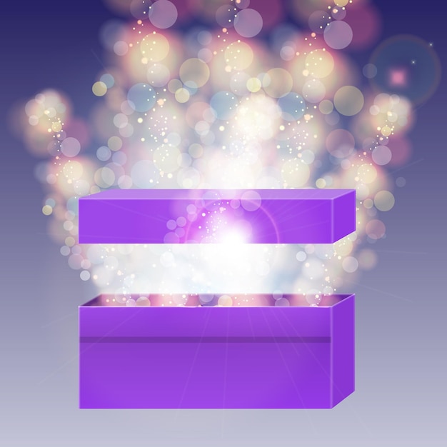 Caja de regalo violeta abierta con luces de haz