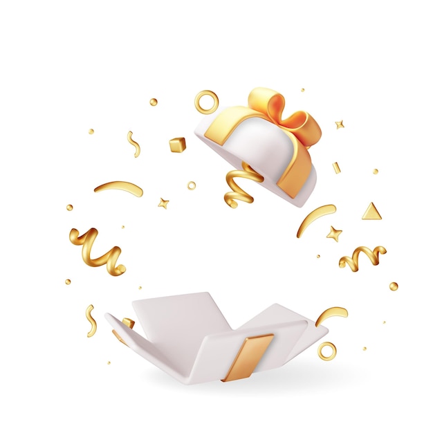 Caja de regalos 3D con confeti que cae Render Caja de regalos sorpresa Navidad Año Nuevo venta Caja de regalos de compras con lazos cintas Caja de regalos para San Valentín Cumpleaños y vacaciones Ilustración vectorial
