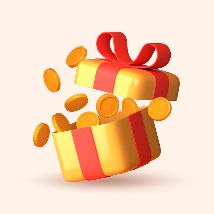 Vector caja de regalos abierta en 3d derramando monedas de oro que simbolizan regalos y sorpresas