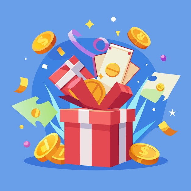 Una caja de regalos abierta revela una sorpresa de monedas en efectivo