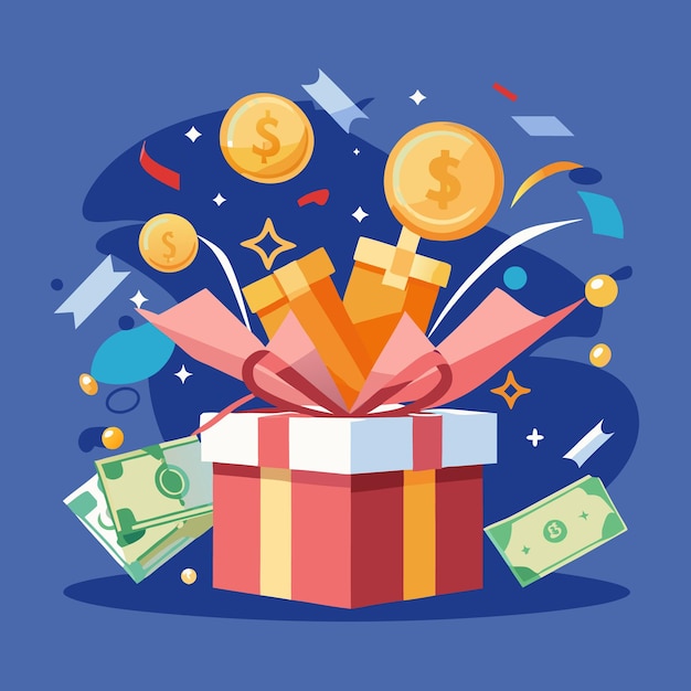 La caja de regalos se abre revelando monedas en efectivo para ganar dinero