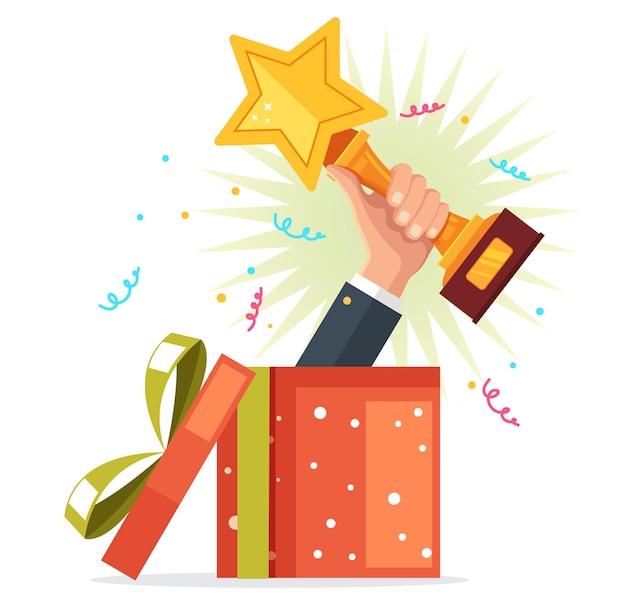Caja de regalos con brazo y mano ganador de la celebración del premio presente concepto sorpresa
