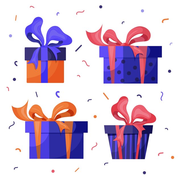 Caja de regalos con cintas en un fondo blanco aislado con confeti Celebración de un evento sorpresa