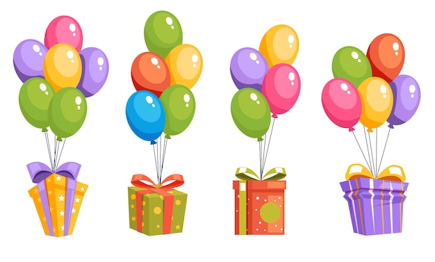 Vector caja de regalos colgada en globos concepto de celebración de la fiesta del cielo ilustración de diseño gráfico plano