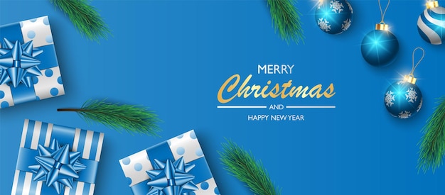 Caja de regalos de diseño de fondo de banner de Navidad sobre fondo azul Fondo de cubierta de Navidad