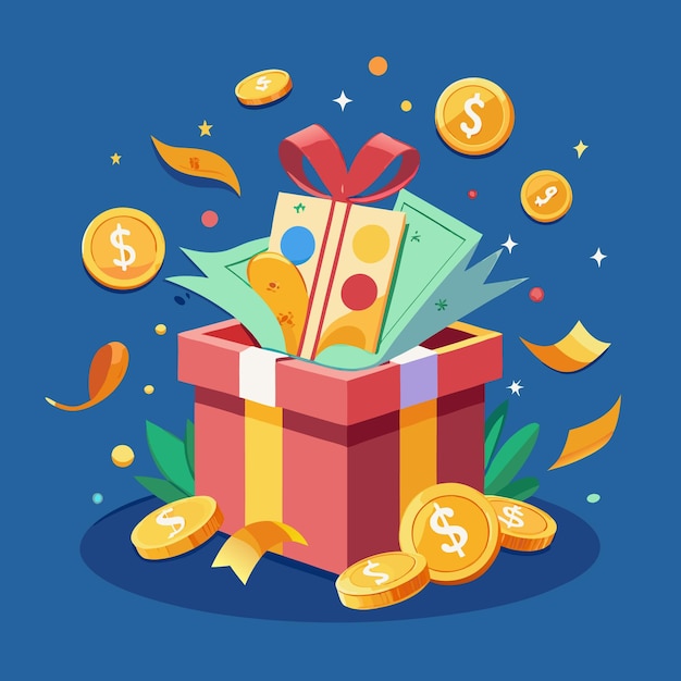 La caja de regalos está llena de dinero en efectivo y monedas Abundancia financiera