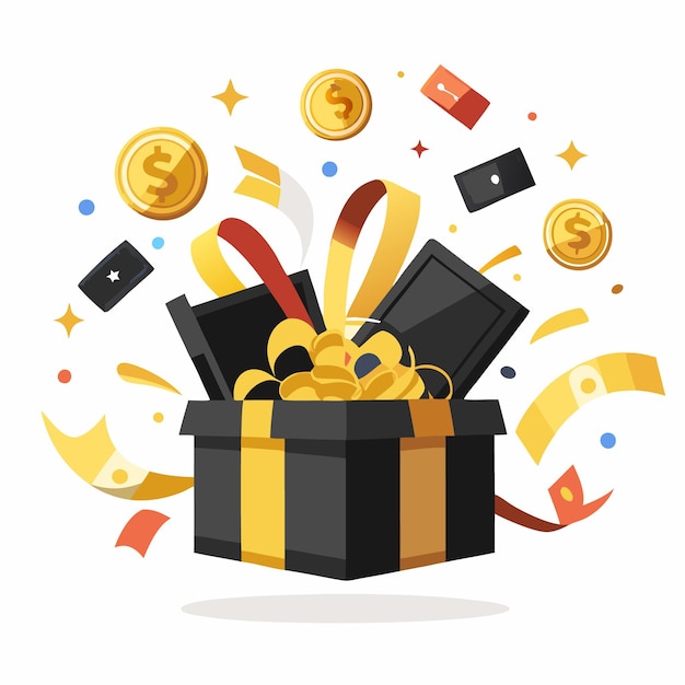 Caja de regalos llena de monedas de oro, dinero y recompensas