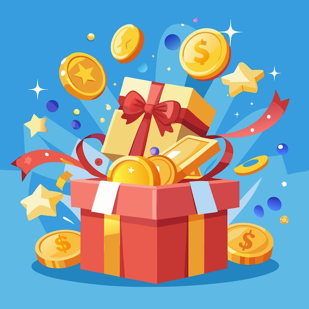 Una caja de regalos llena de monedas de oro y estrellas
