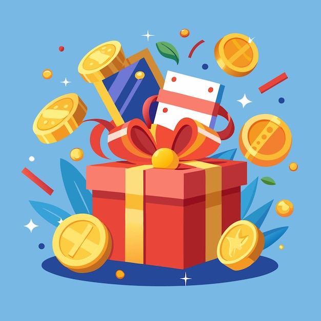 Caja de regalos llena de monedas de oro y recompensas