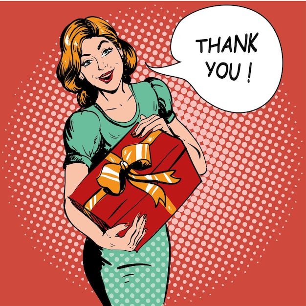 Vector caja de regalos para mujeres gracias burbuja de discurso ilustración vectorial en estilo de arte pop cómico retro niña hermosa con regalo de navidad o cumpleaños