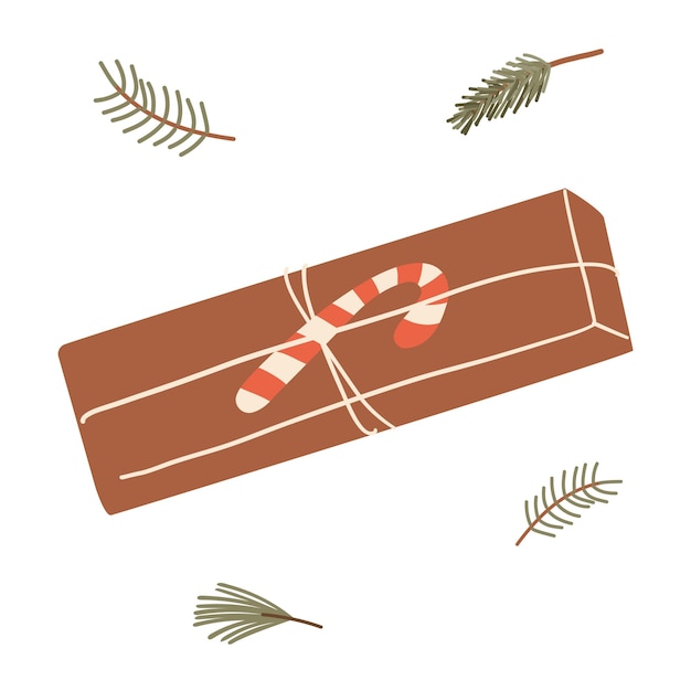 Caja de regalos de Navidad con piruleta y rama de abeto Ilustración vectorial