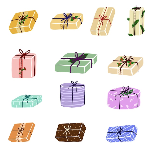 Caja de regalos set de dibujos animados icono regalos de Navidad regalos de año nuevo regalos de vacaciones envueltos en papel festivo
