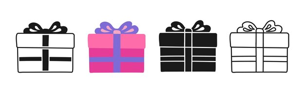 Caja de regalos símbolo de dibujos animados sello de garabateo estilizado conjunto diseño dibujado a mano para invitación de tarjeta de felicitación