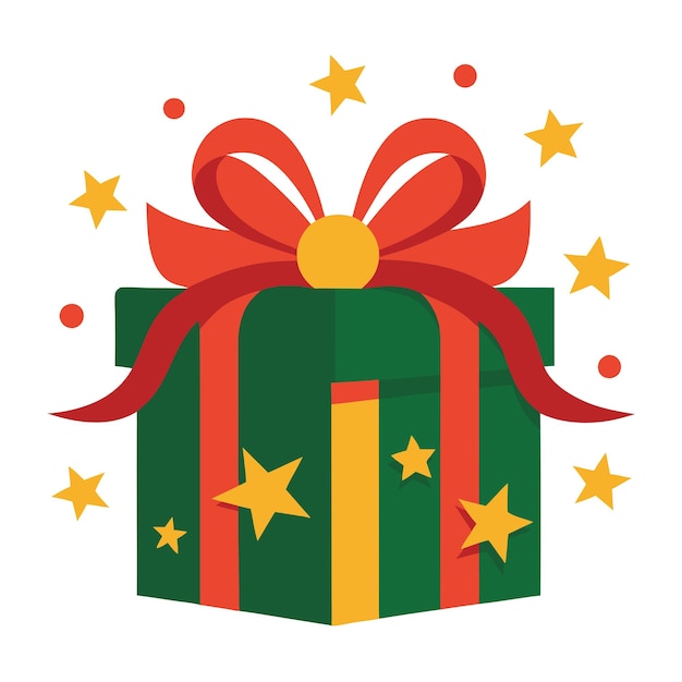 una caja de regalos verde y amarilla con una cinta roja y un lazo verde