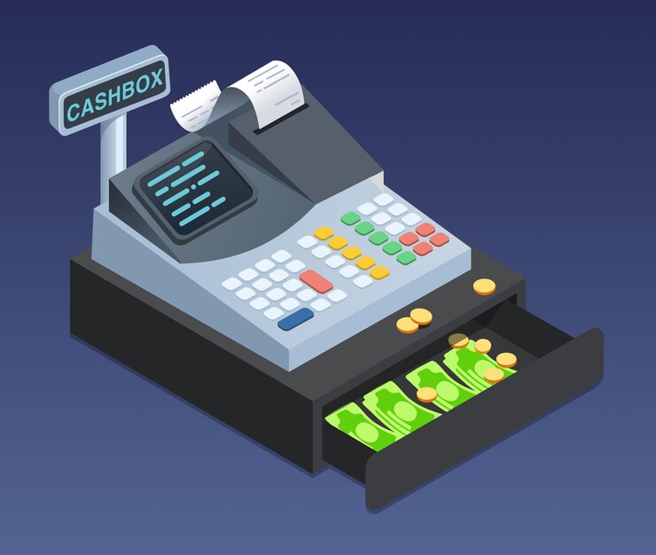 Vector caja registradora con cajón abierto lleno de dinero caixa registradora isométrica con efectivo y recibo