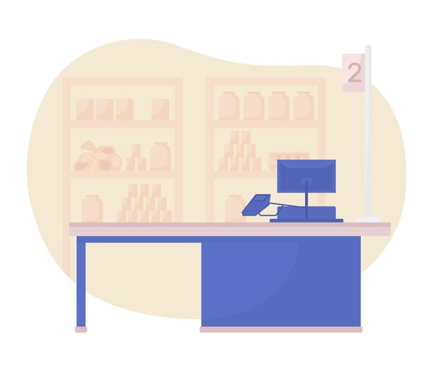 Caja registradora contador 2D vector ilustración aislada Terminal para caja registradora Tienda de abarrotes Centro comercial de venta Supermercado paisaje plano sobre fondo de dibujos animados Tienda interior escena colorida