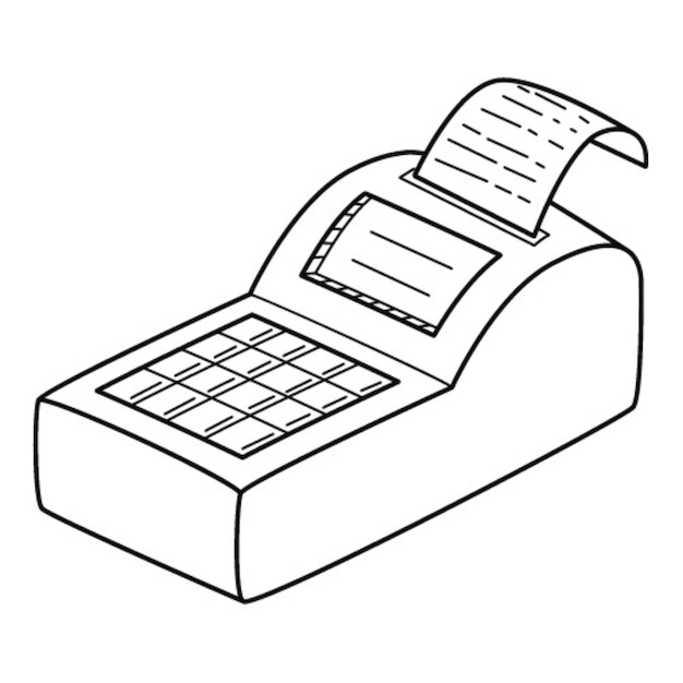 La caja registradora. Icono lineal. Ilustración de vector blanco y negro dibujado a mano.