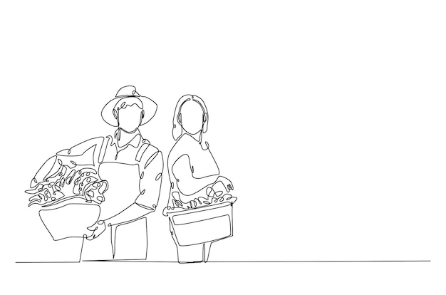 Caja de retención del agricultor llena de verduras ilustración de dibujo continuo de una línea