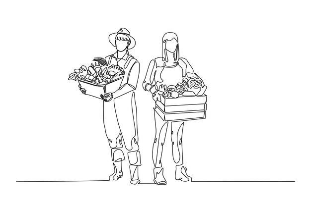 Caja de retención del agricultor llena de verduras ilustración de dibujo continuo de una línea