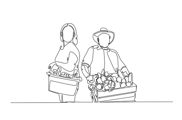 Caja de retención del agricultor llena de verduras ilustración de dibujo continuo de una línea