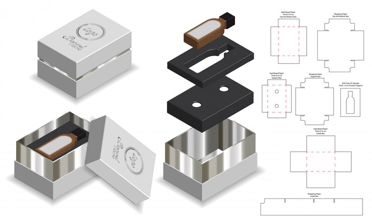 Vector caja rígida de embalaje plantilla troquelada 3d maqueta