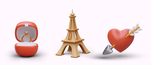 Caja roja con anillo de diamantes Torre Eiffel corazón atravesado por una flecha