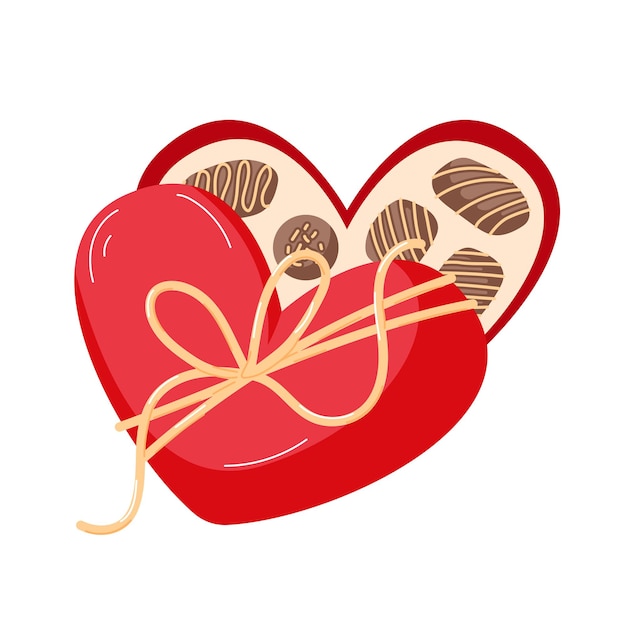 Caja roja en forma de corazón abierto con caramelos de chocolate, lazo de cinta en estilo de dibujos animados para el día de San Valentín