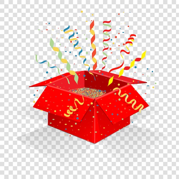 Caja roja con serpentina y confeti.