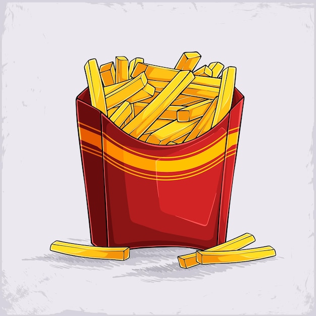 Caja roja de tamaño mediano dibujada a mano llena de patatas fritas amarillas poco saludables pero sabrosas listas para comer