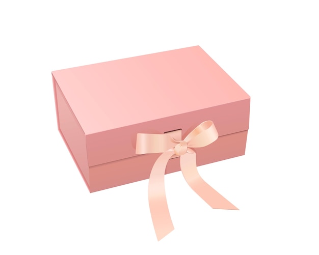 Caja rosa con delicado lazo pastel, recipiente vacío realista aislado en fondo blanco, vector