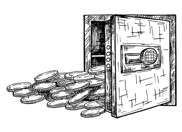 Caja de seguridad llena de monedas sketch design de efectivo en bóveda concepto de seguridad patrimonial