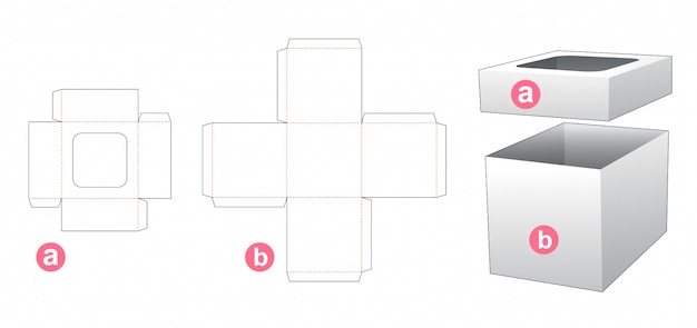 Vector caja y tapa de embalaje que es una plantilla de ventana troquelada