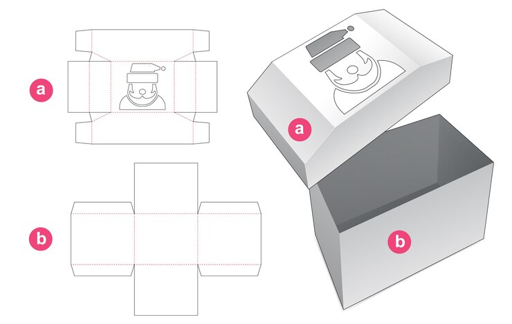 Vector caja y tapa en forma de pecho que tiene una plantilla troquelada con forma de santa cluas