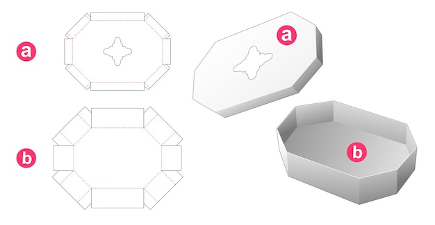 Caja y tapa octogonal que tiene una plantilla troquelada de ventana cruzada