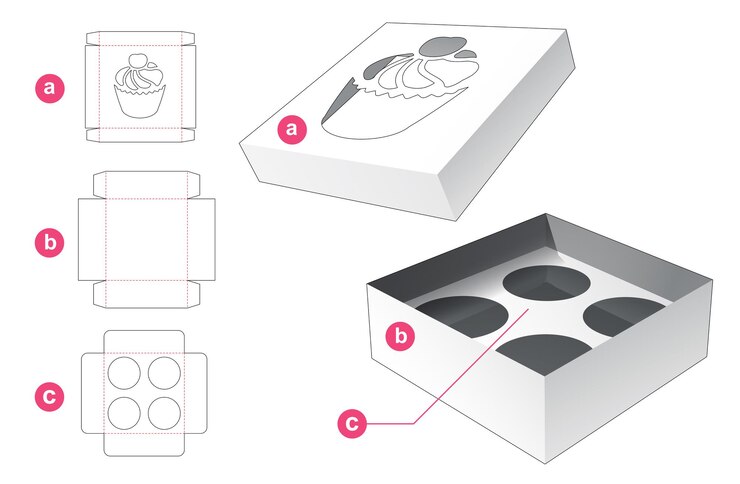 Vector caja para tartas con tapa y plantilla troquelada de soporte de inserción
