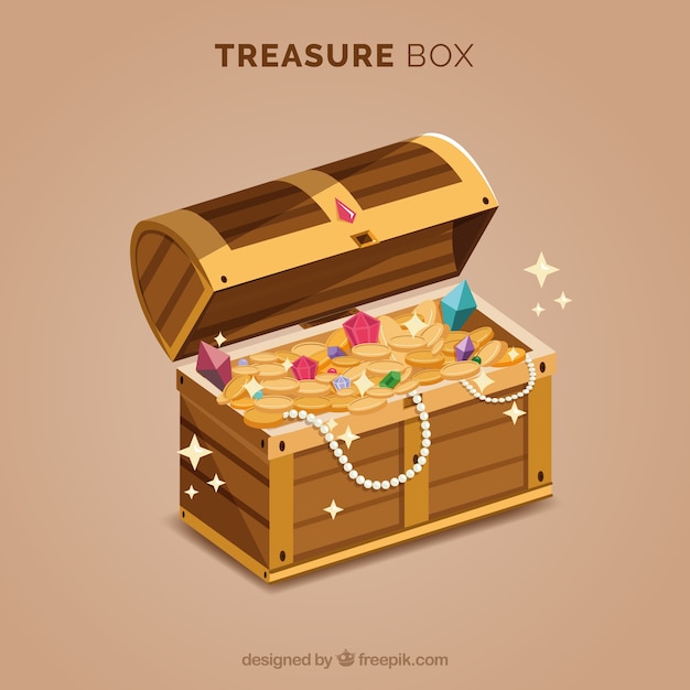 Vector caja del tesoro con oro y diamantes