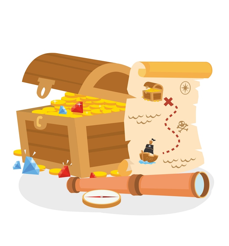 Vector caja del tesoro pirata con mapa y telescopio