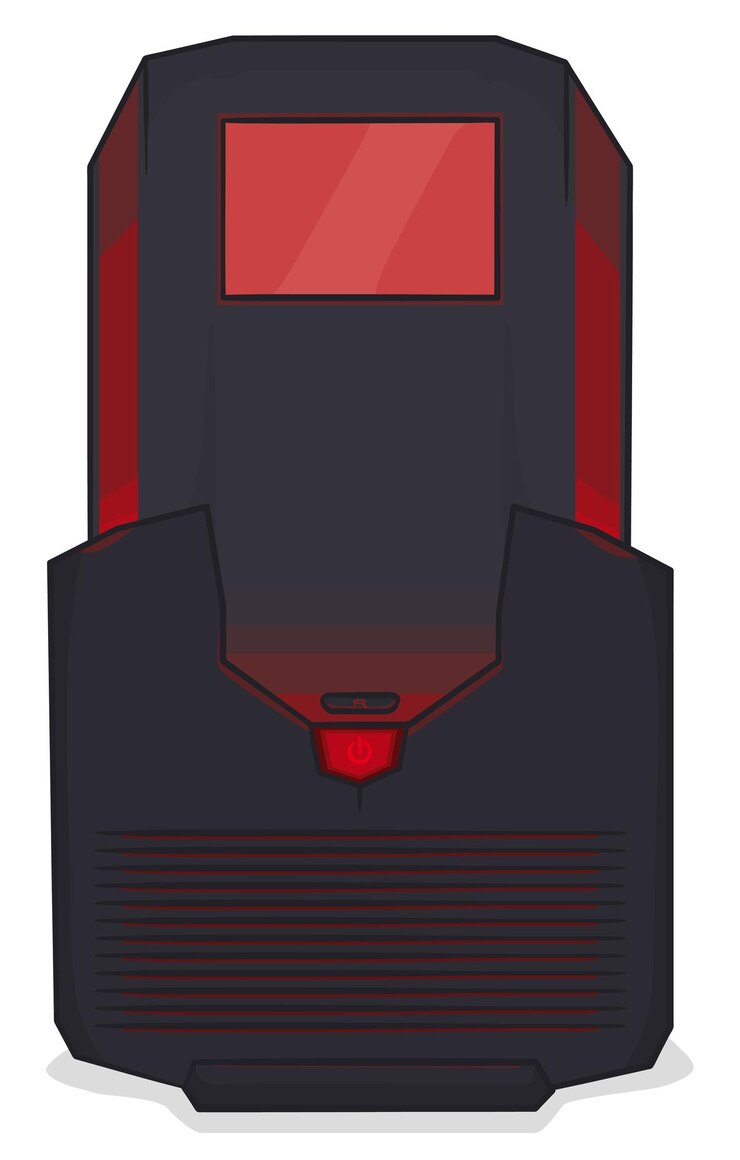 Vector caja de torre de juegos con inicio de pantalla digital de luces rojas y botón de reinicio diseño en estilo de dibujos animados