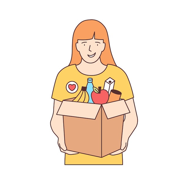 Caja de transporte voluntaria femenina sonriente con frutas y otros productos aislados sobre fondo blanco. Donación de alimentos, voluntariado, actividad altruista. Ilustración de vector colorido en estilo de arte de línea.