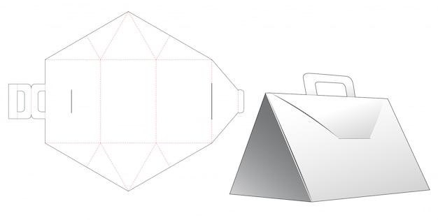 Caja triangular con asa troquelada diseño plantilla