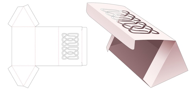 Caja triangular de cartón con línea steciled en plantilla troquelada flip