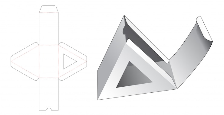 Vector caja triangular de cartón con plantilla troquelada para ventana