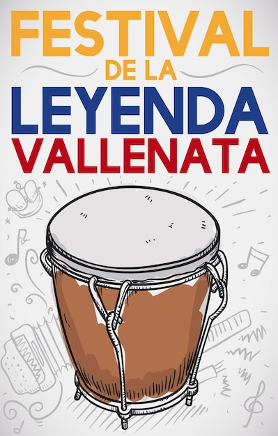 Vector caja vallenata y garabates con guacharaca de acordeón de corona para celebrar el festival de la leyenda de vallenato