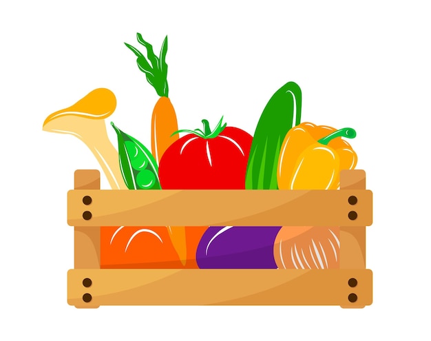Vector caja vectorial con cesta de supermercado de verduras con productos de jardín caja de almacén contenedor de madera para productos vegetales paquete de transporte de entrega