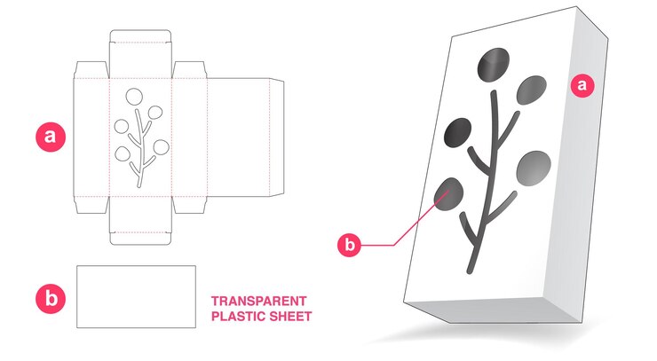 Vector caja con ventana de icono de flor y plantilla troquelada de lámina de plástico transparente