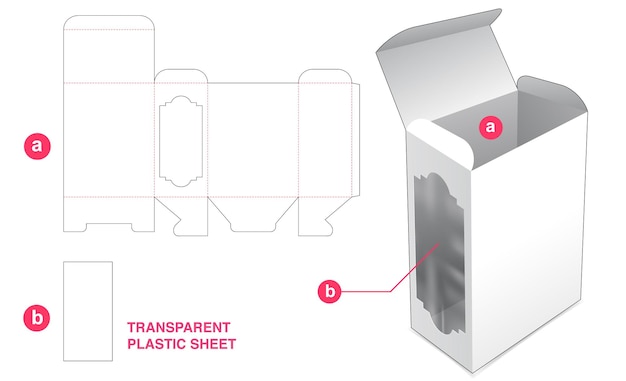 Vector caja con ventana en pared lateral y plantilla troquelada de lámina de plástico transparente