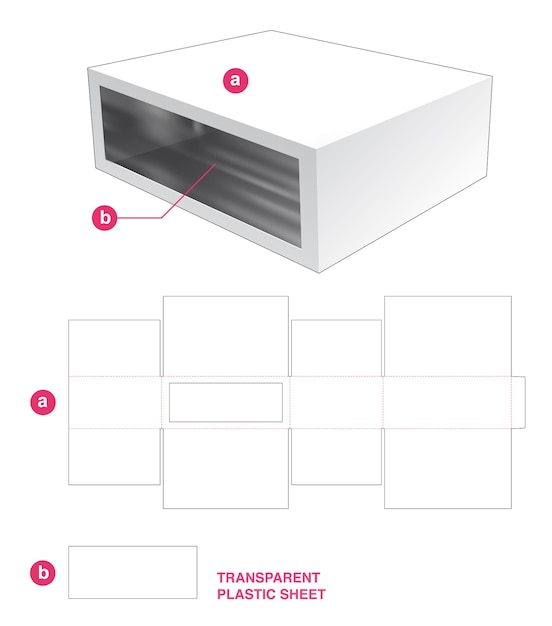Caja y ventana rectangular con plantilla troquelada de lámina de plástico transparente